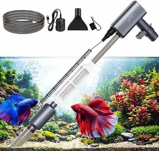 Curadoria AquaTC 28 Aspirador e sifão elétrico de cascalho preto e cinza com acessórios para limpeza de aquário.