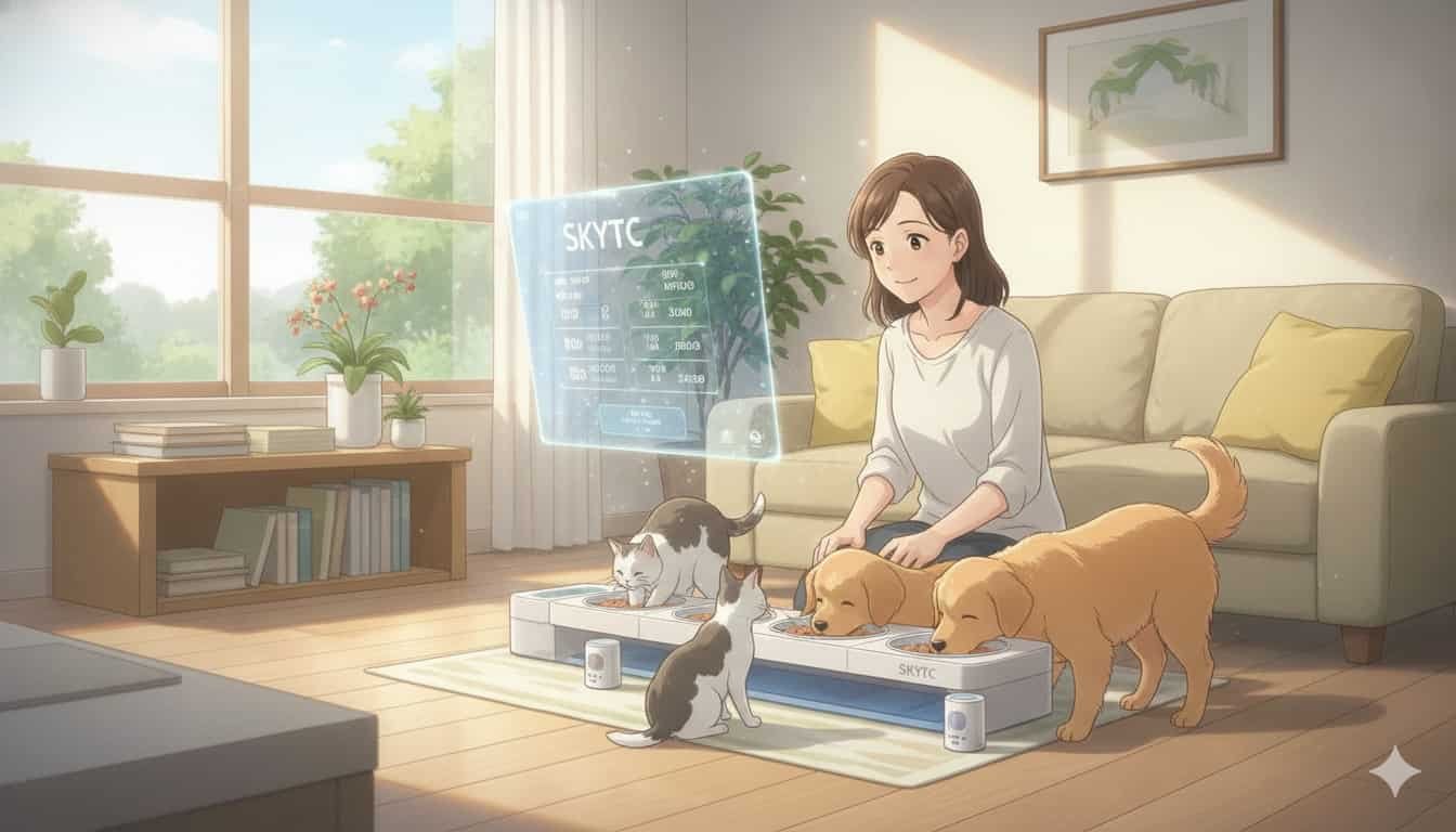 Alimentador Automático para Vários Pets em Casa 2 Mulher em casa observando seus cães e gatos usando um alimentador automático inteligente, com um holograma de programação e a marca SKYTC.