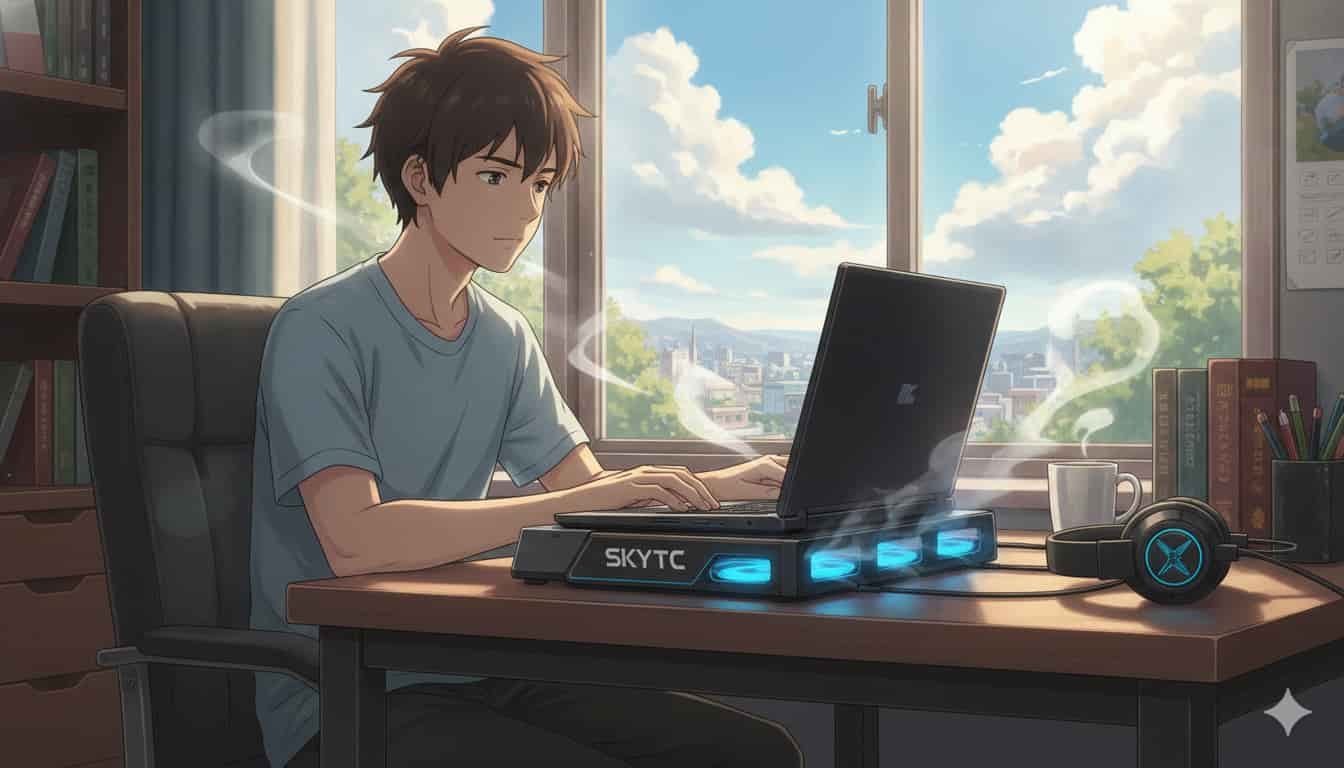 Base cooler para notebook: realmente diminui o calor? 2 Jovem de 25 anos usando notebook sobre base cooler com luzes azuis, logo SKYTC visível, em um quarto iluminado.