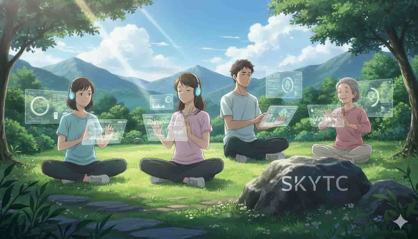 Grupo de pessoas de diferentes idades e gêneros praticando meditação ao ar livre, com hologramas de dados de biohacking para gerenciar o estresse, com a marca SKYTC.