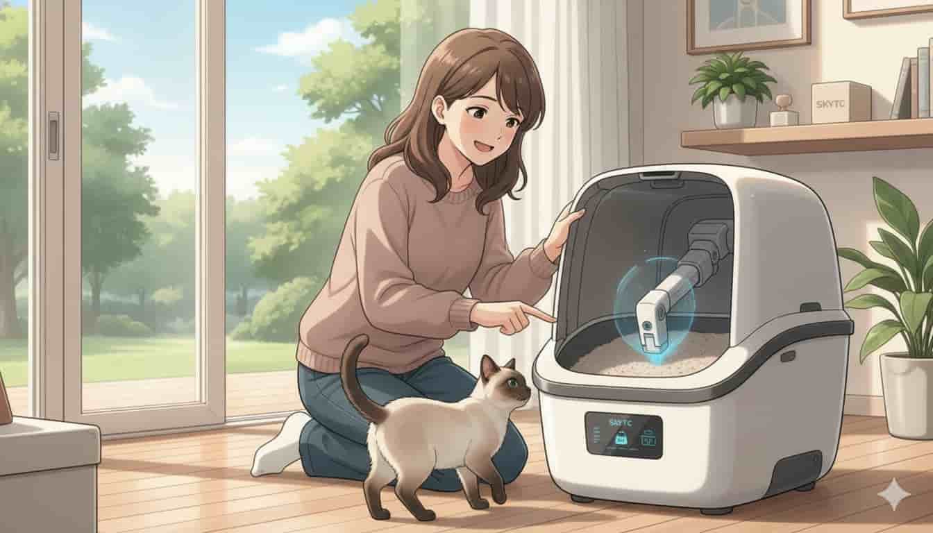 Caixa de areia autolimpante com sensor de peso 2 Mulher e gato observando caixa de areia autolimpante SKYTC com sensor de peso