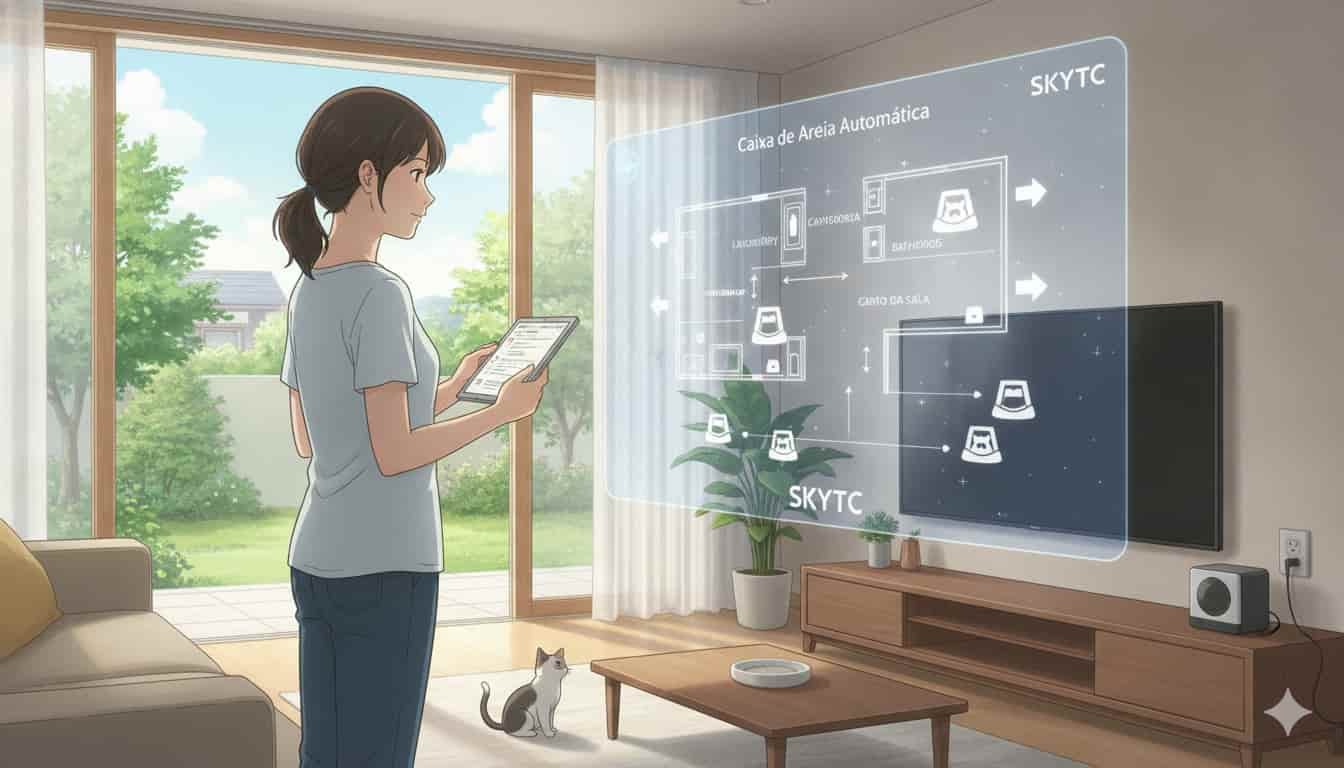 Onde Colocar a Caixa de Areia Automática em Casa 2 Mulher em casa consultando tablet com diagrama de posicionamento de caixa de areia automática, com a marca SKYTC.