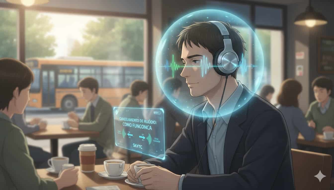 Homem usando fones com cancelamento de ruído em cafeteria com o logo SKYTC