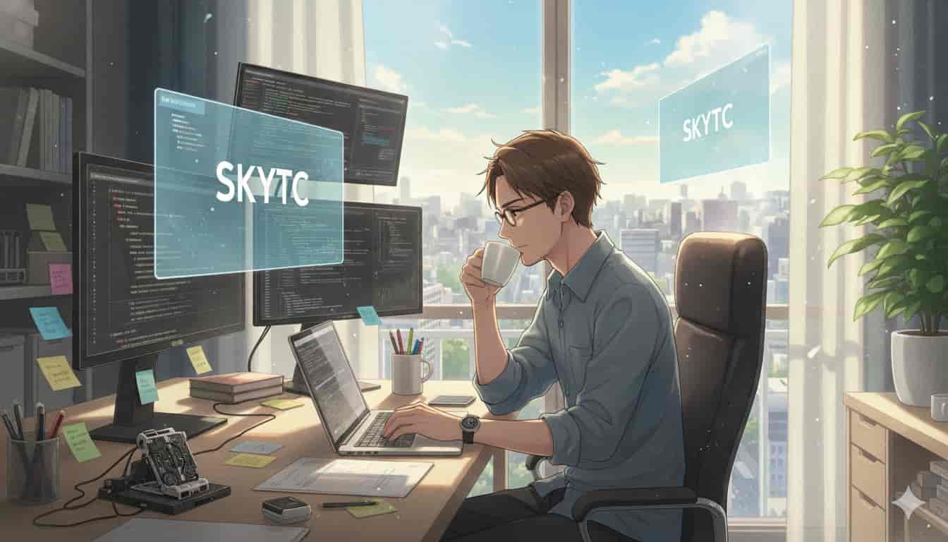 Homem de 30 anos em estilo anime Makoto Shinkai trabalhando como CTO em uma startup, com telas e a palavra "SKYTC" visível.