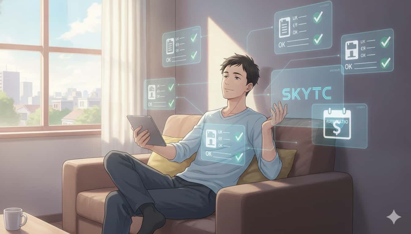 Vantagens de utilizar o débito automático para contas fixas 2 Homem de 30 anos em estilo anime Makoto Shinkai relaxado em casa, com projeções holográficas de contas pagas por débito automático e a palavra "SKYTC" visível.