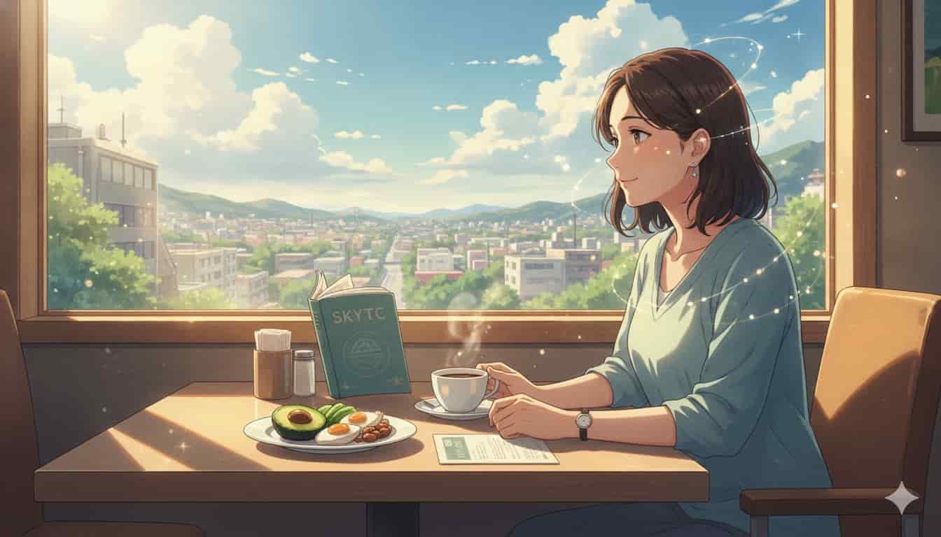 Ilustração anime SKYTC de mulher em dieta cetogênica com clareza mental.
