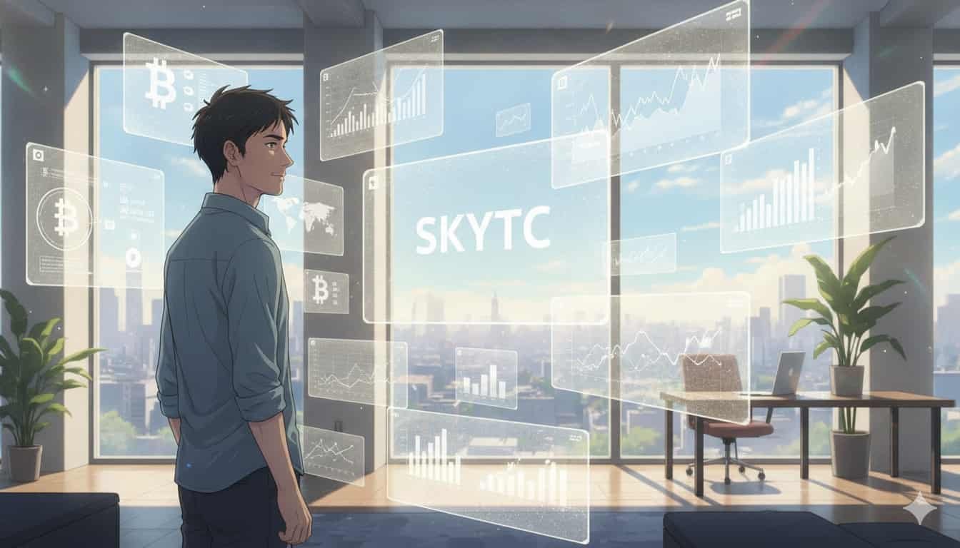 Por que diversificar sua carteira com ativos digitais 2 Homem de 30 anos em estilo anime Makoto Shinkai em um escritório moderno, observando projeções holográficas de gráficos de ativos digitais e a palavra "SKYTC" visível.