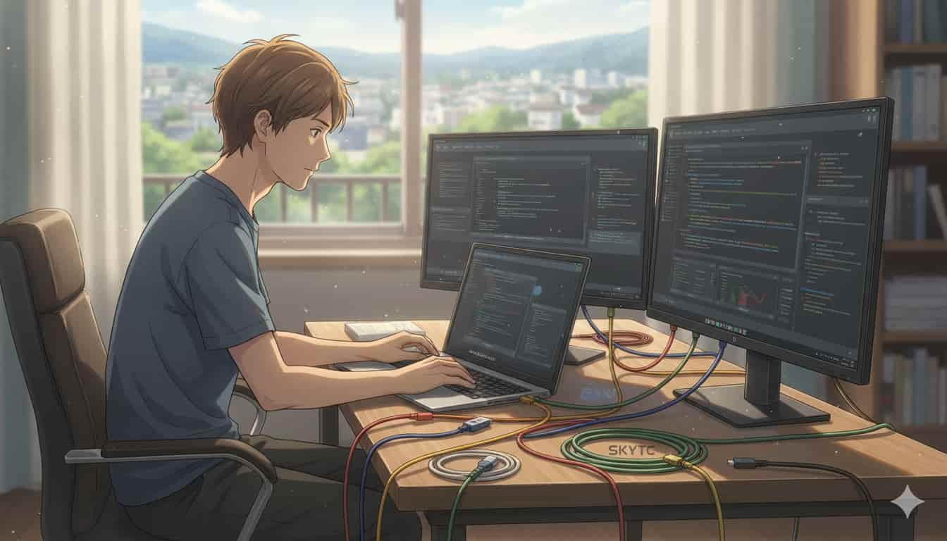 Como usar dois monitores no notebook: guia de cabos 2 Jovem de 25 anos usando notebook com dois monitores externos, cabos coloridos e logo SKYTC em um escritório iluminado.