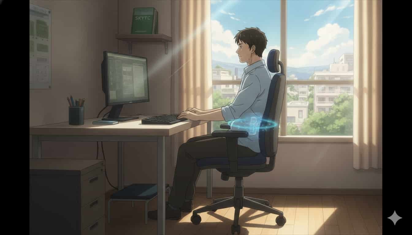 Como a Ergonomia do Setup Protege sua Lombar 2 Ilustração anime SKYTC de homem com setup ergonômico protegendo a lombar.