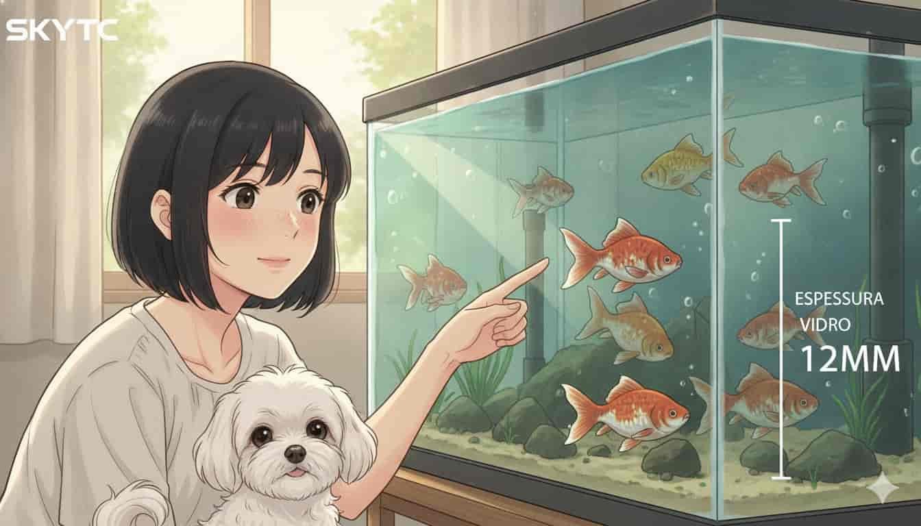 Espessura de vidro para aquário de 500 litros de Kinguio 9 Mulher japonesa e maltipoo apontando para aquário de 500 litros de Kinguio, com espessura de vidro de 12mm, SKYTC