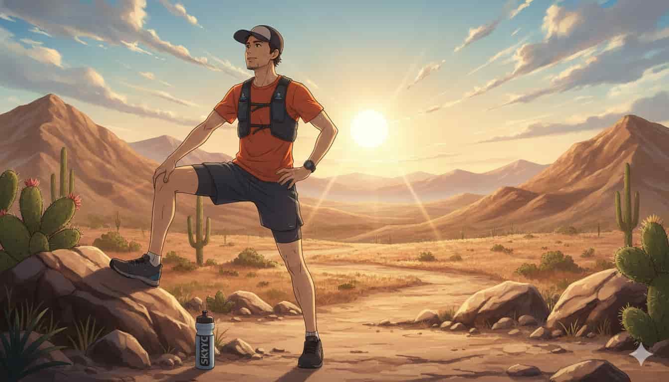 Como Evitar Cãibras em Provas de Endurance: O Guia Definitivo Contra o Travamento 2 Ilustração anime SKYTC de corredor descansando em trilha, evitando cãibras.