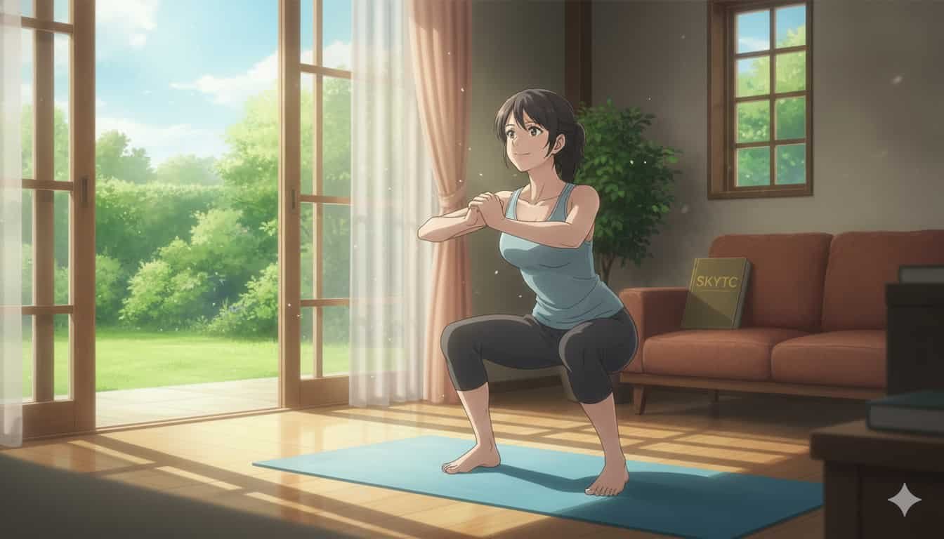 Ilustração anime SKYTC de mulher fazendo agachamento para fortalecer joelho.