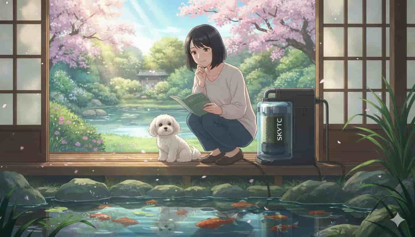 Filtro canister de 1000 l/h para peixe japonês vale a pena 4 Mulher japonesa com maltipoo e filtro canister SKYTC em lago de peixe japonês