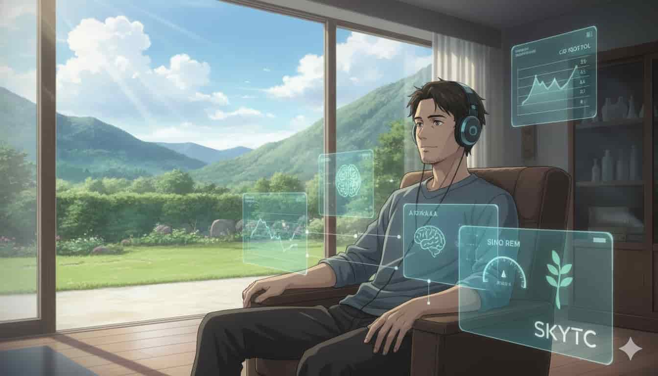 Como Gerenciar o Estresse Crônico com Biohacking 2 Homem relaxado em poltrona, usando fones de ouvido, com hologramas de dados de biohacking para gerenciar o estresse, com a marca SKYTC.