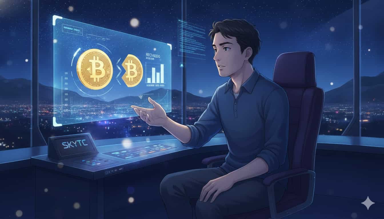 O guia para entender o que é o halving do Bitcoin 2 Homem de 30 anos interagindo com uma interface holográfica mostrando o halving do Bitcoin, com o logo SKYTC, em um cenário noturno futurista.