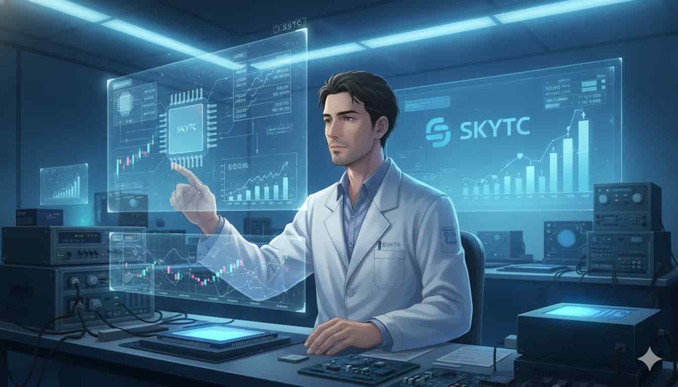 Homem de 30 anos em jaleco de laboratório, interagindo com telas holográficas sobre o setor de semicondutores e a bolsa, com o logo SKYTC.