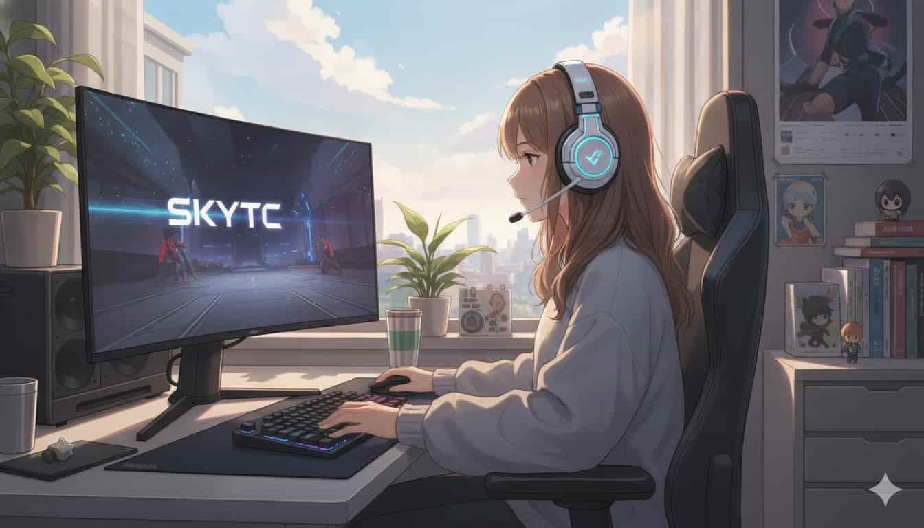 Headset gamer no home office: profissional ou infantil? 5 Uma jovem com um headset gamer branco trabalhando em seu home office, com o logo SKYTC na tela do monitor e na lateral do headset.