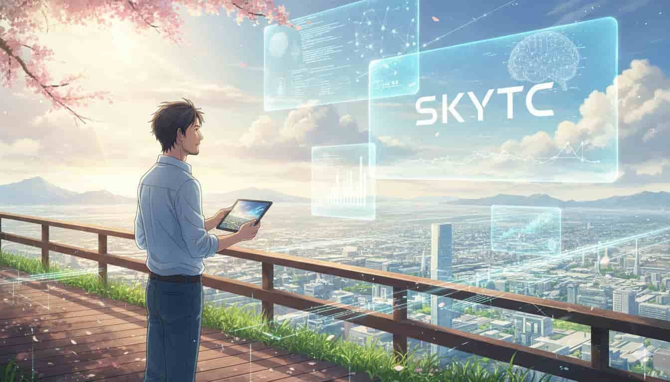 O guia para entender o impacto da IA no mercado de trabalho 2 Homem de 30 anos em estilo anime Makoto Shinkai olhando para projeções de IA sobre uma cidade, com a palavra "SKYTC" visível.