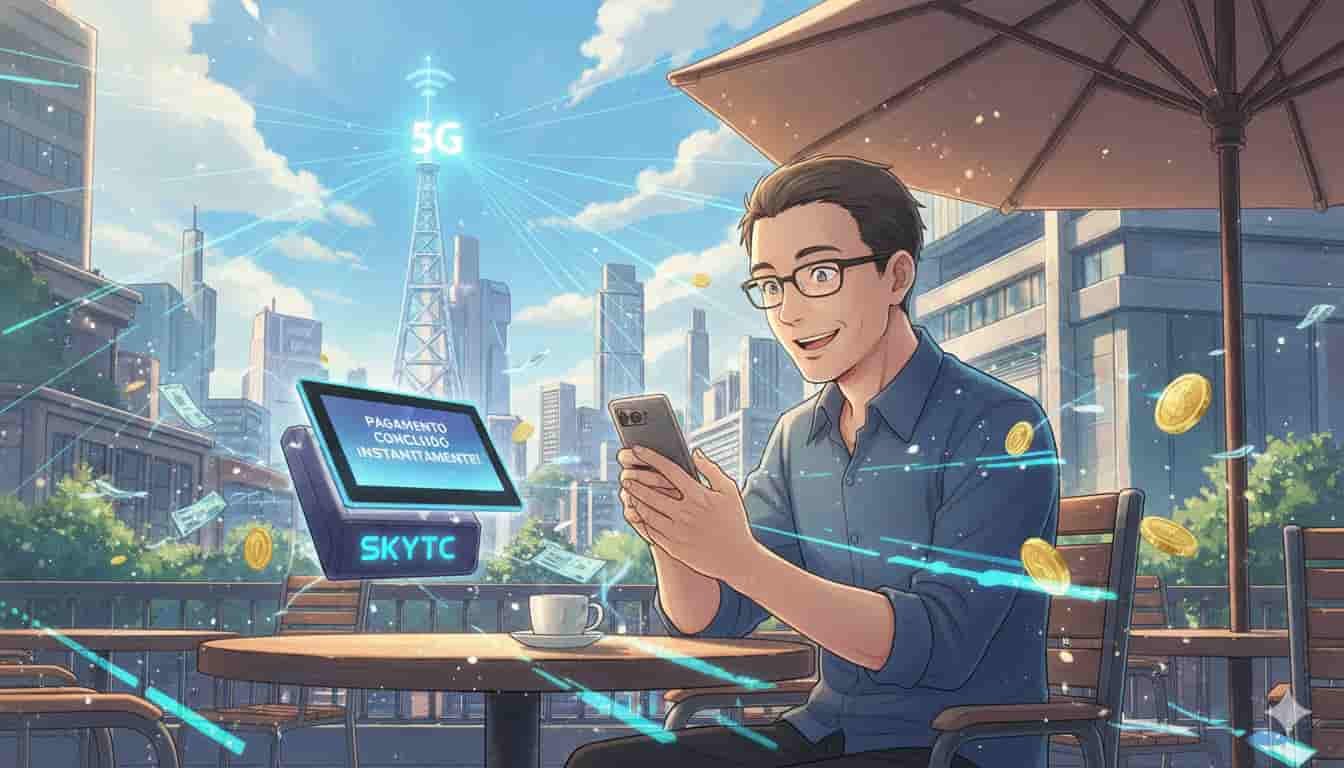 Homem sorrindo usando smartphone em café com tecnologia 5G e "PAGAMENTO CONCLUÍDO INSTANTANEAMENTE" na tela, com o logo SKYTC.