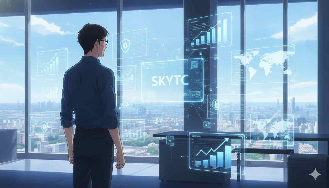 Homem de 30 anos em estilo anime Makoto Shinkai em um escritório moderno, olhando para projeções holográficas de dados de cibersegurança e gráficos de investimento, com a palavra "SKYTC" visível.
