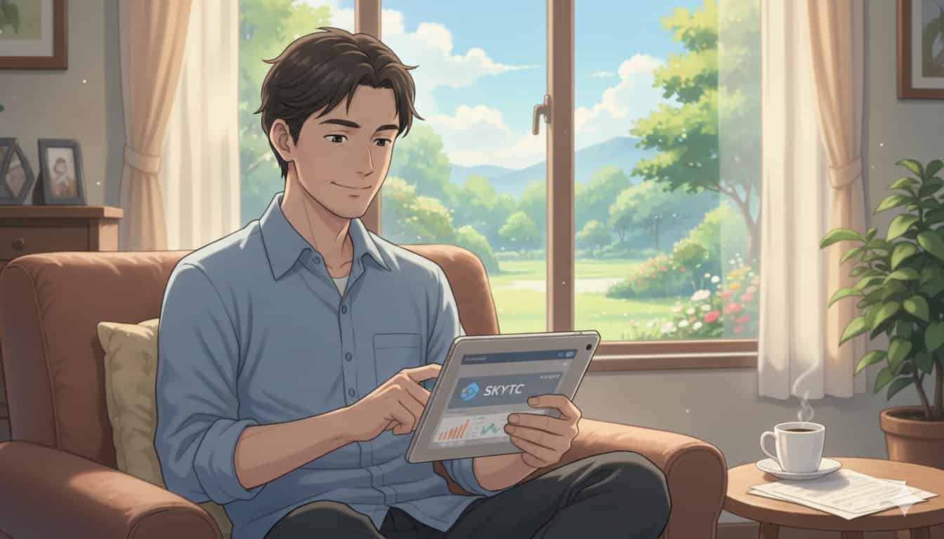 Como investir em renda fixa diretamente pelo seu banco 2 Homem de 30 anos investindo em renda fixa pelo banco em um tablet, em um ambiente doméstico tranquilo, com o logo SKYTC na tela.