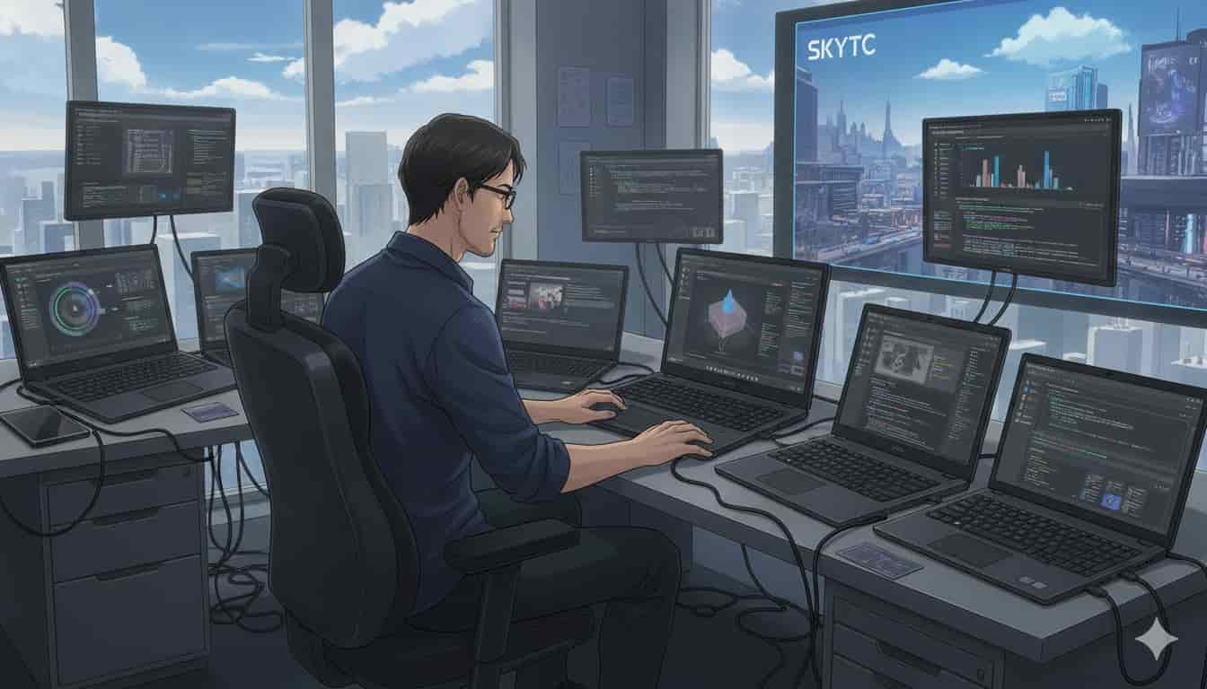 Homem trabalhando com múltiplos notebooks e monitores em um escritório moderno, com o logo SKYTC em uma tela grande, simbolizando trabalho pesado.