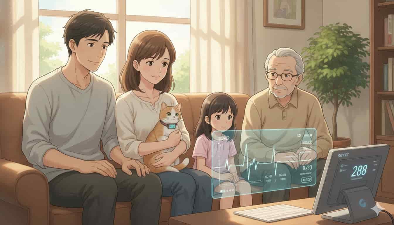Monitor de frequência cardíaca para gatos: guia 2 Família com gato usando monitor de frequência cardíaca, exibindo dados em tela e holograma, com a marca SKYTC.