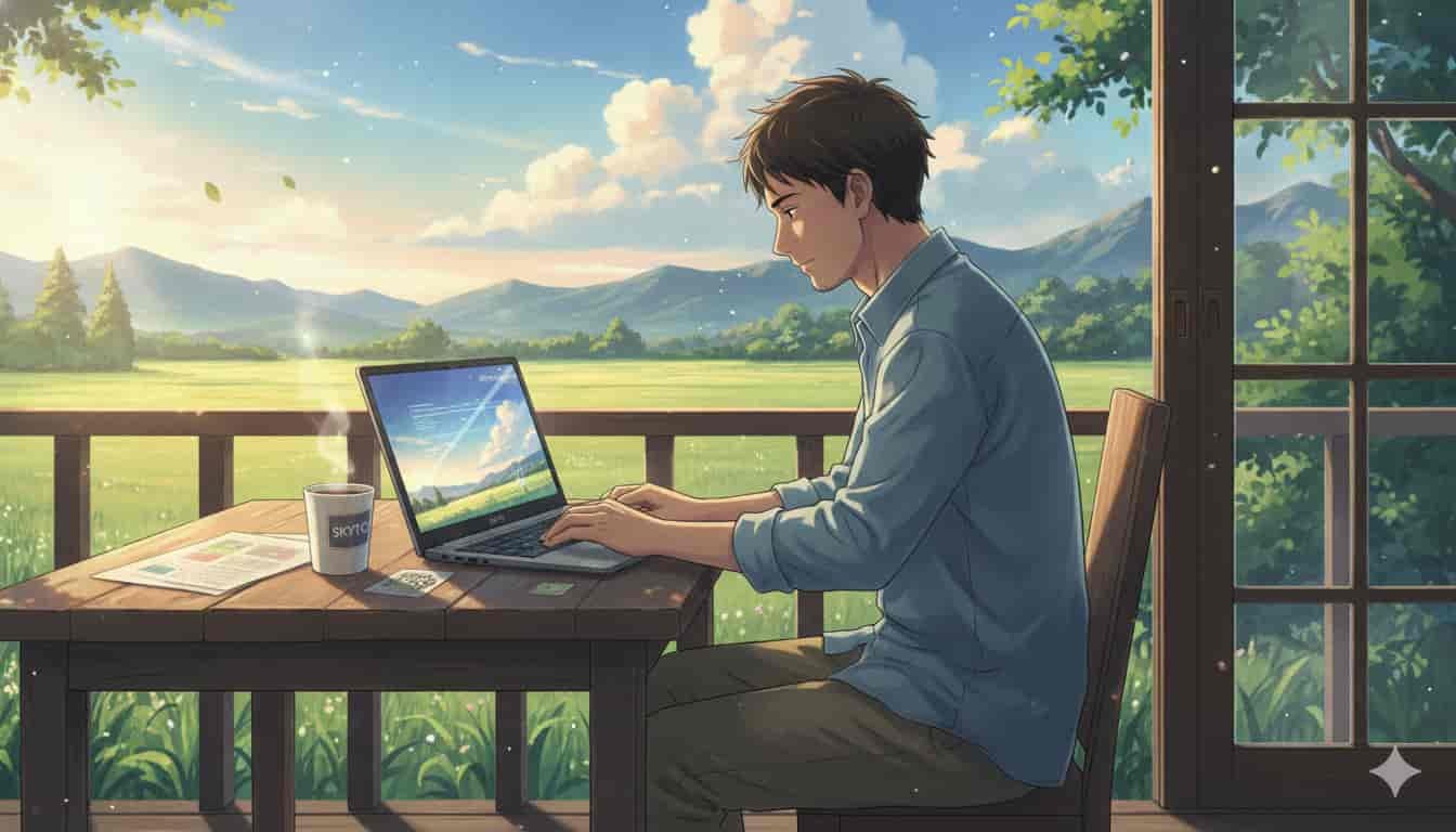 Notebook com tela de 17 polegadas: para quem é indicado 2 Homem adulto usando notebook SKYTC de 17 polegadas em varanda com vista para montanhas, estilo anime.