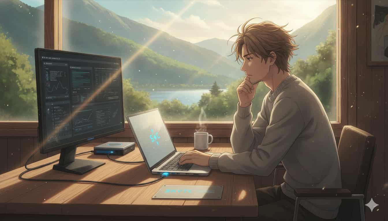 Notebook com Thunderbolt: qual a vantagem real? 2 Homem de 30 anos usando notebook com Thunderbolt em cabana com vista para montanhas, logo SKYTC visível.