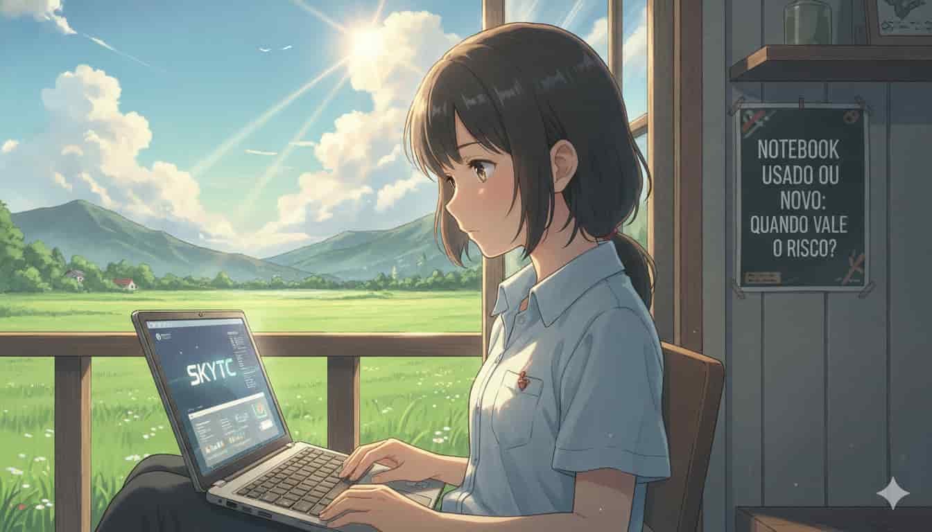 Notebook usado ou novo: quando vale o risco? 2 Jovem em estilo anime usando notebook SKYTC em casa, refletindo sobre a compra de notebook usado ou novo, com paisagem ensolarada ao fundo e o título da postagem em um quadro.
