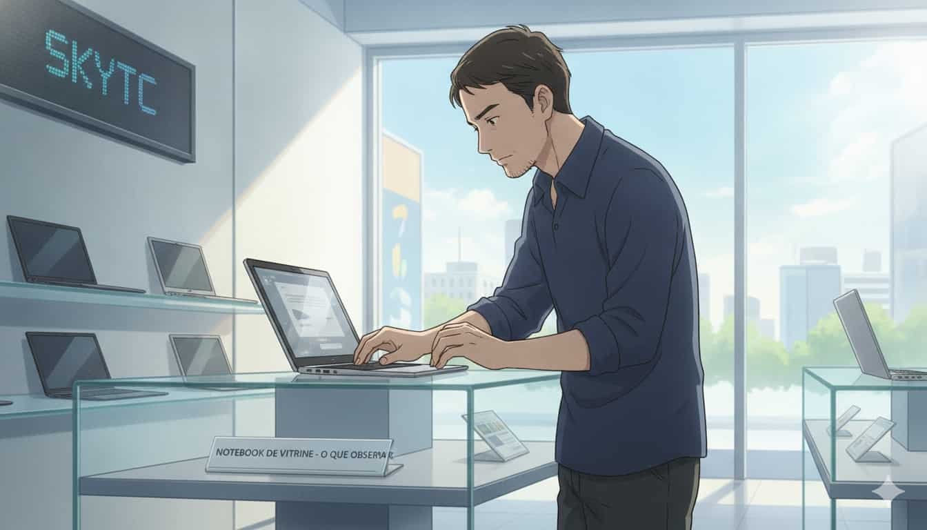 Homem observando notebook de vitrine em loja de eletrônicos, estilo Makoto Shinkai, SKYTC