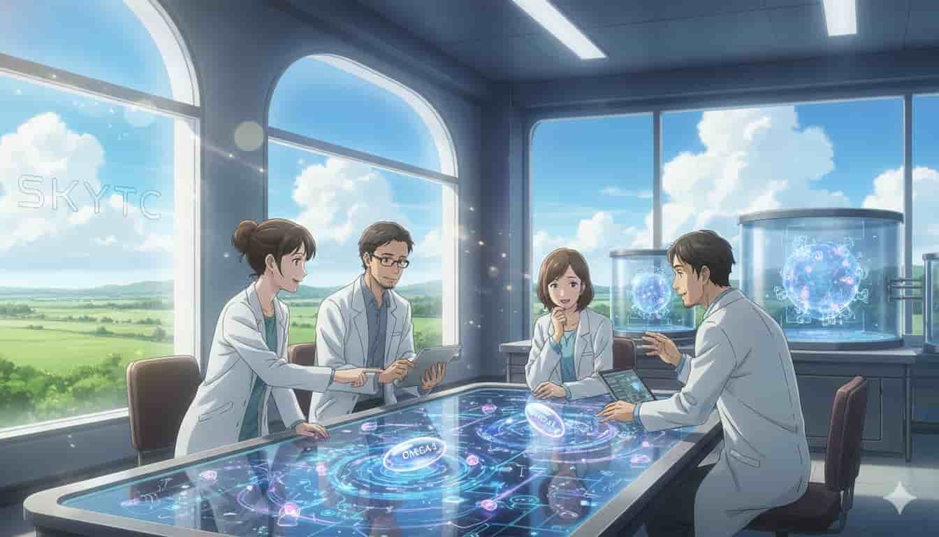 Ilustração anime SKYTC de cientistas estudando neurônios e ômega-3 em laboratório.