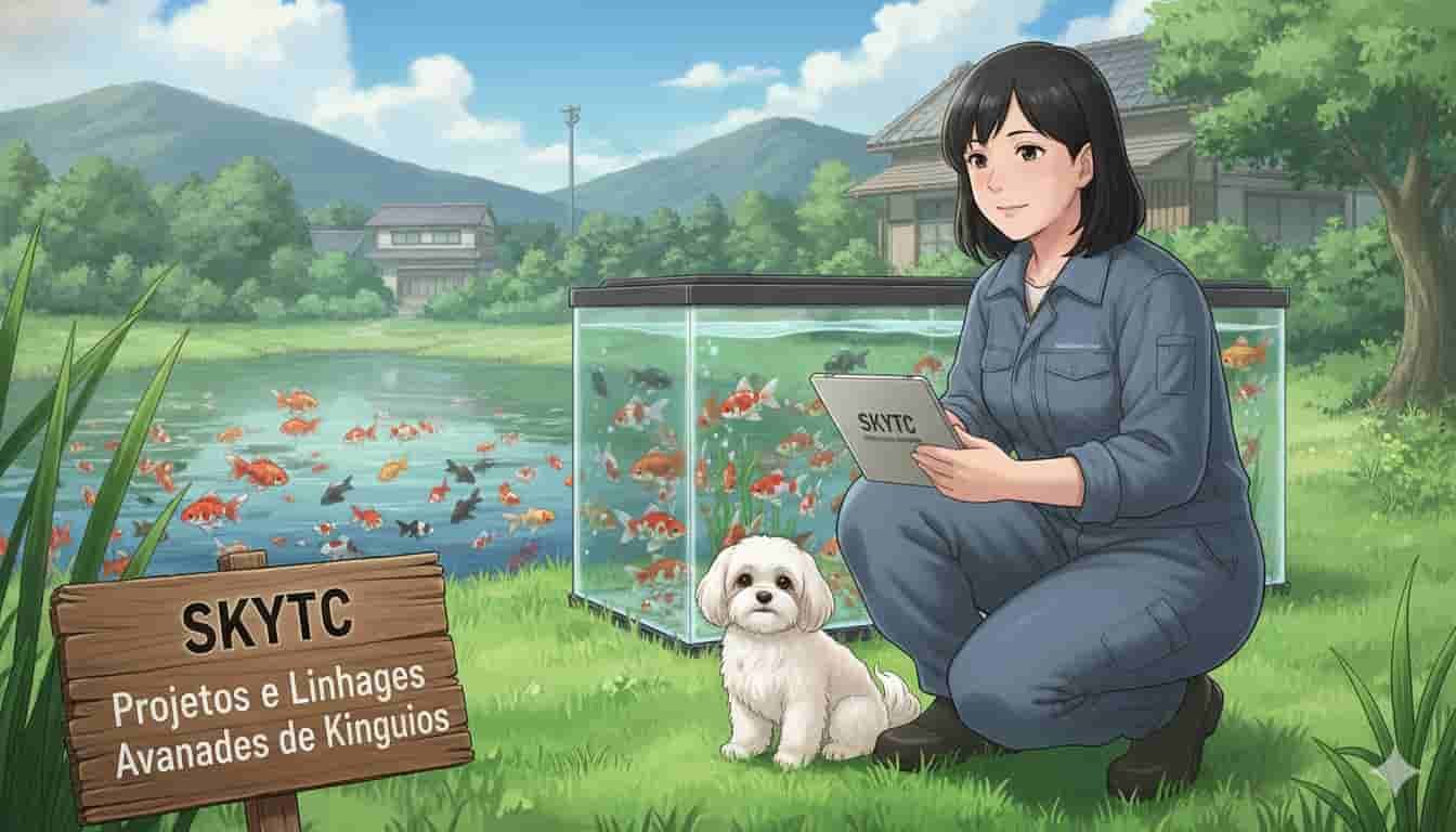 Mulher japonesa com maltipoo ao lado de lago e aquário de kinguios, com tablet SKYTC e placa.
