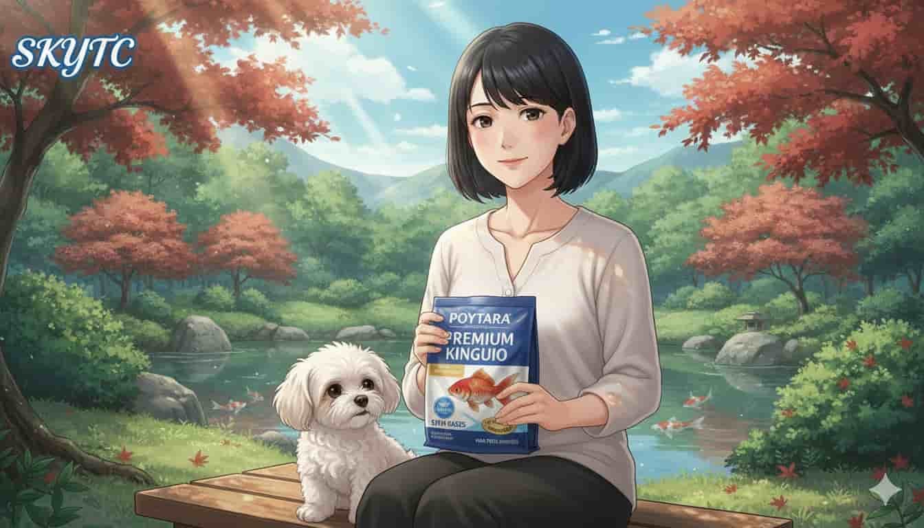 Ração Poytara Premium Kinguio evita gases no peixe japonês 4 Mulher japonesa com maltipoo e ração Poytara Premium Kinguio para peixe japonês, SKYTC.