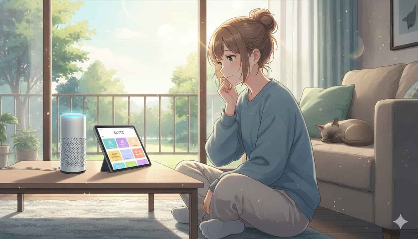 Como criar rotinas na Alexa para produtividade 2 Jovem criando rotinas de produtividade na Alexa, com um tablet exibindo a interface SKYTC, em casa.