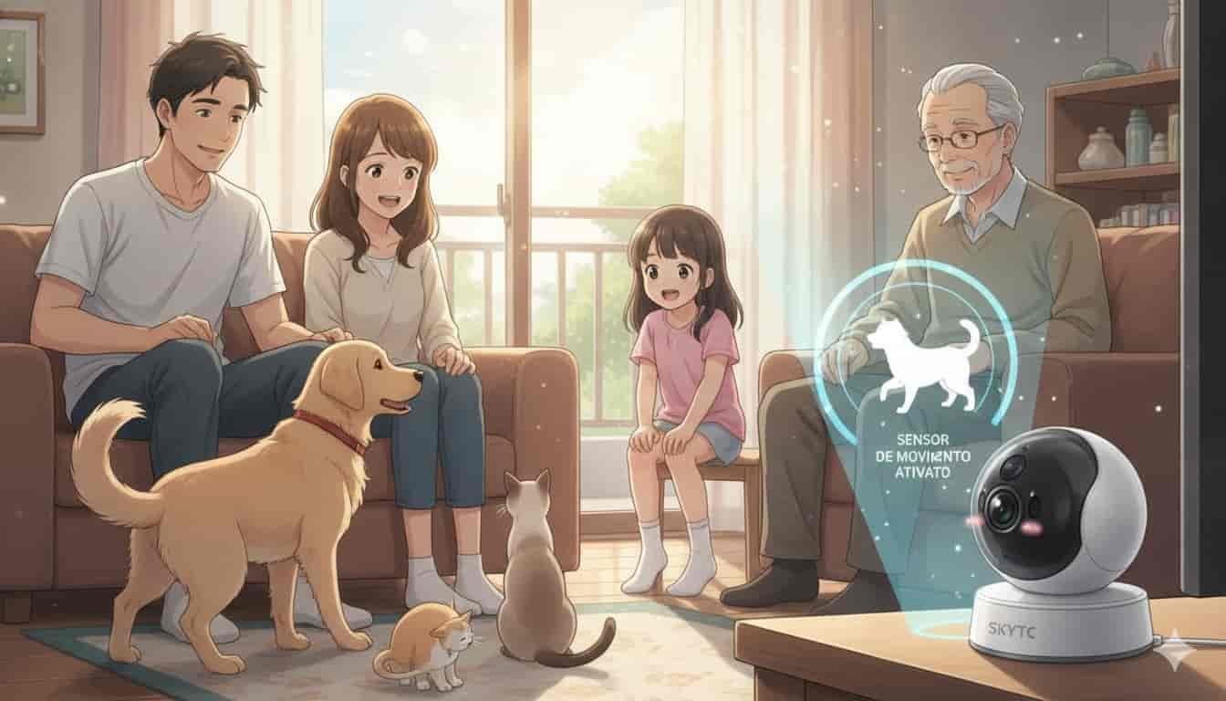 Família de várias idades e seus pets em casa, com uma câmera de monitoramento mostrando um holograma de "Sensor de Movimento Ativado" e a marca SKYTC.