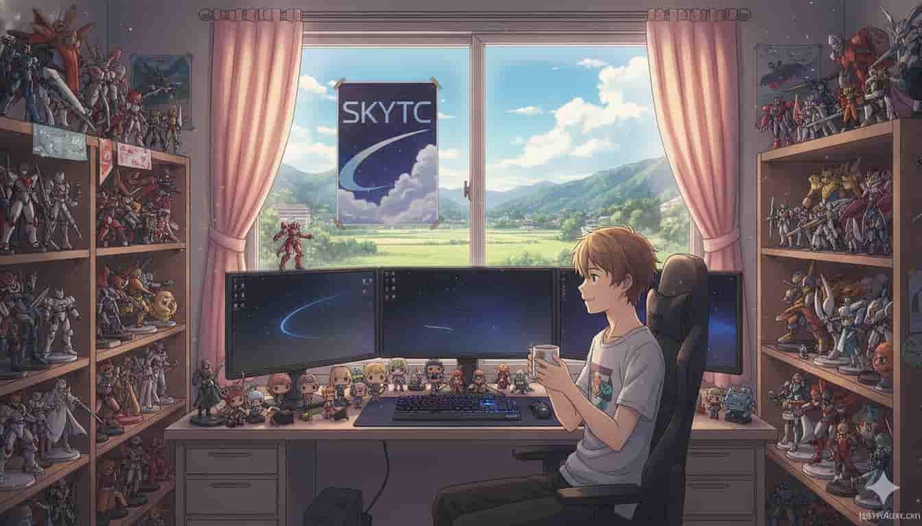 Jovem em um setup de computador decorado com colecionáveis e action figures, com a marca SKYTC visível na janela.