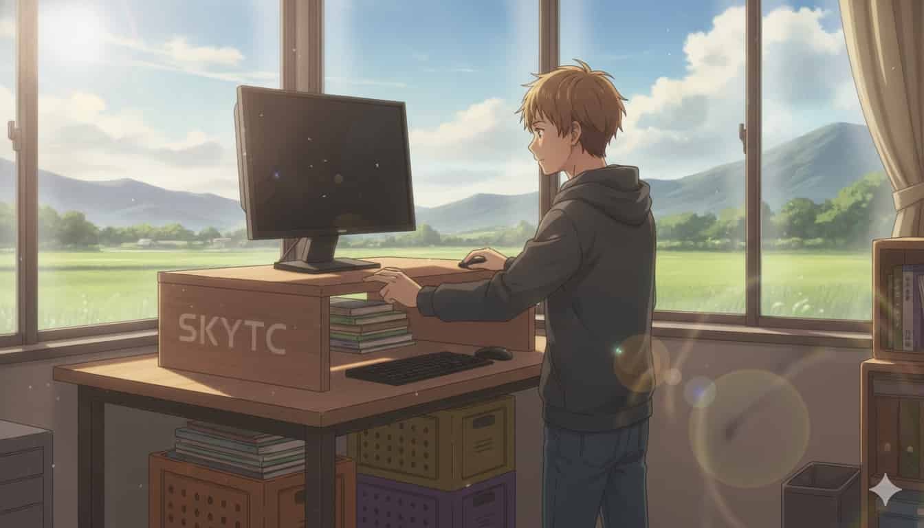 Jovem configurando um setup em pé (standing desk) barato com a marca SKYTC em um quarto iluminado com vista para a natureza.