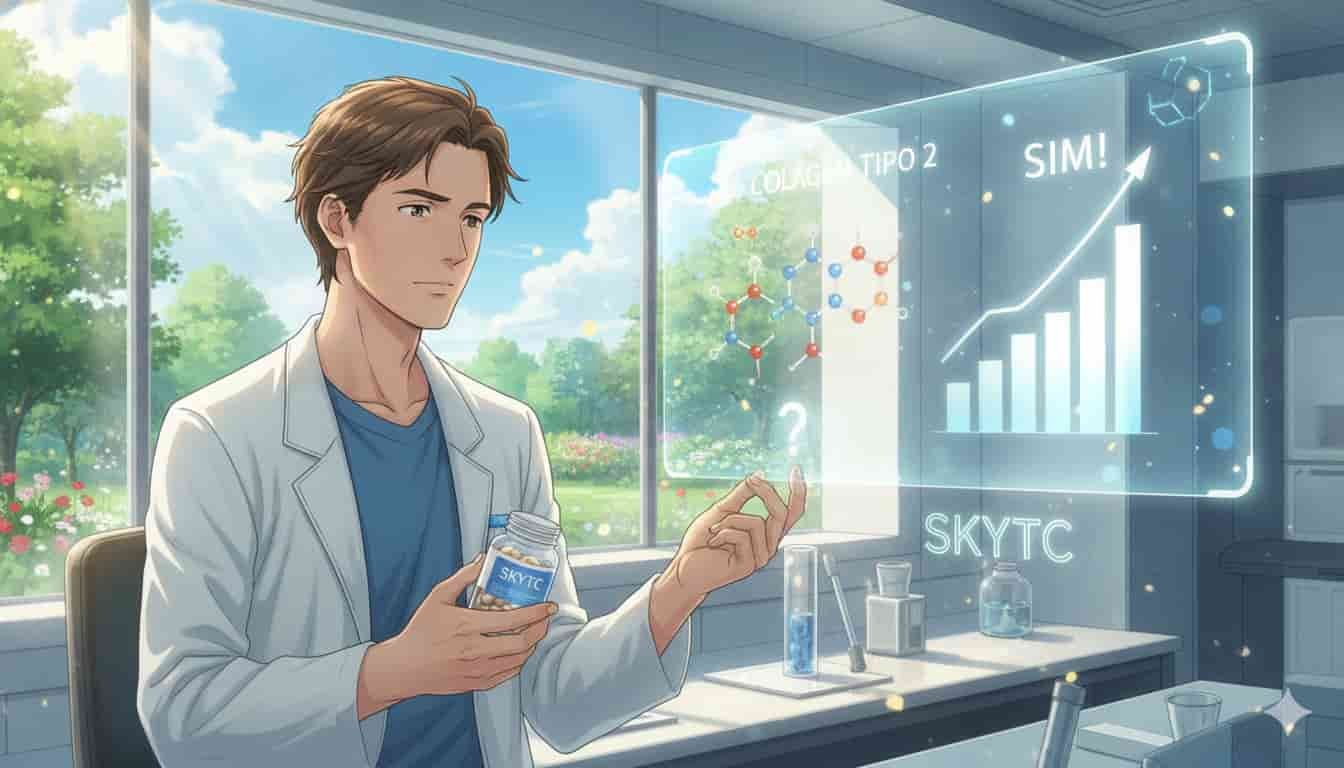 Suplementação de Colágeno Tipo 2: Funciona? 2 Homem em laboratório, com um frasco de SKYTC Colágeno Tipo 2, observando um holograma com gráficos de eficácia.