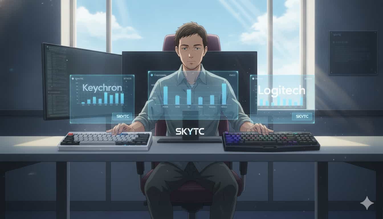 Teclado Keychron vs Logitech: qual o melhor mecânico? 2 Homem em escritório analisando dados comparativos de teclados Keychron e Logitech em hologramas, com a marca SKYTC.