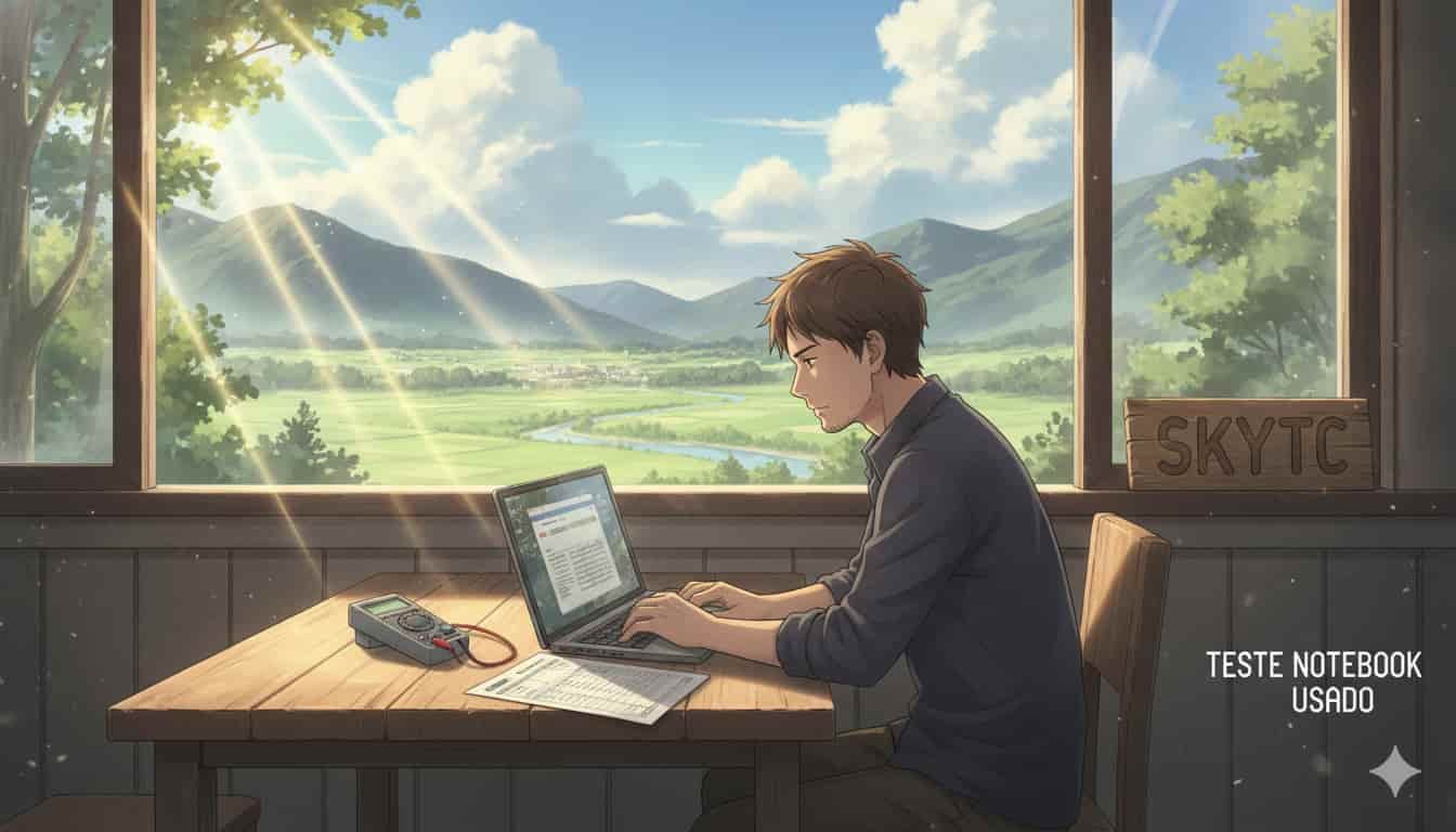 Homem testando notebook usado com multímetro em casa, paisagem de Makoto Shinkai, SKYTC