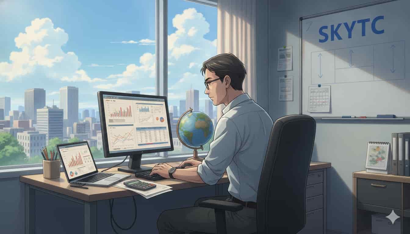 Homem trabalhando em um escritório com vista para a cidade, analisando gráficos de tributação em seu computador, com o logo SKYTC no quadro branco.