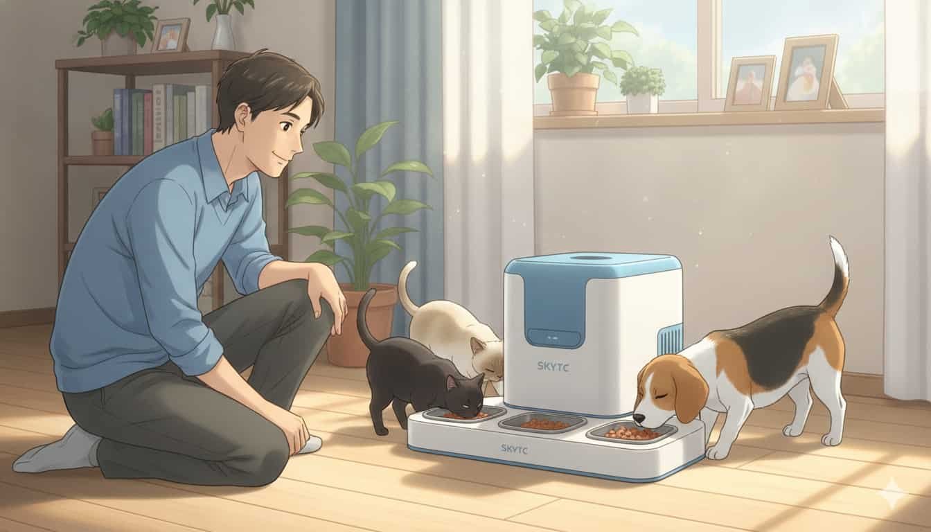Alimentador automático para vários pets em casa: O guia definitivo contra a discórdia 3 Homem observando cães e gatos usando alimentador automático SKYTC.