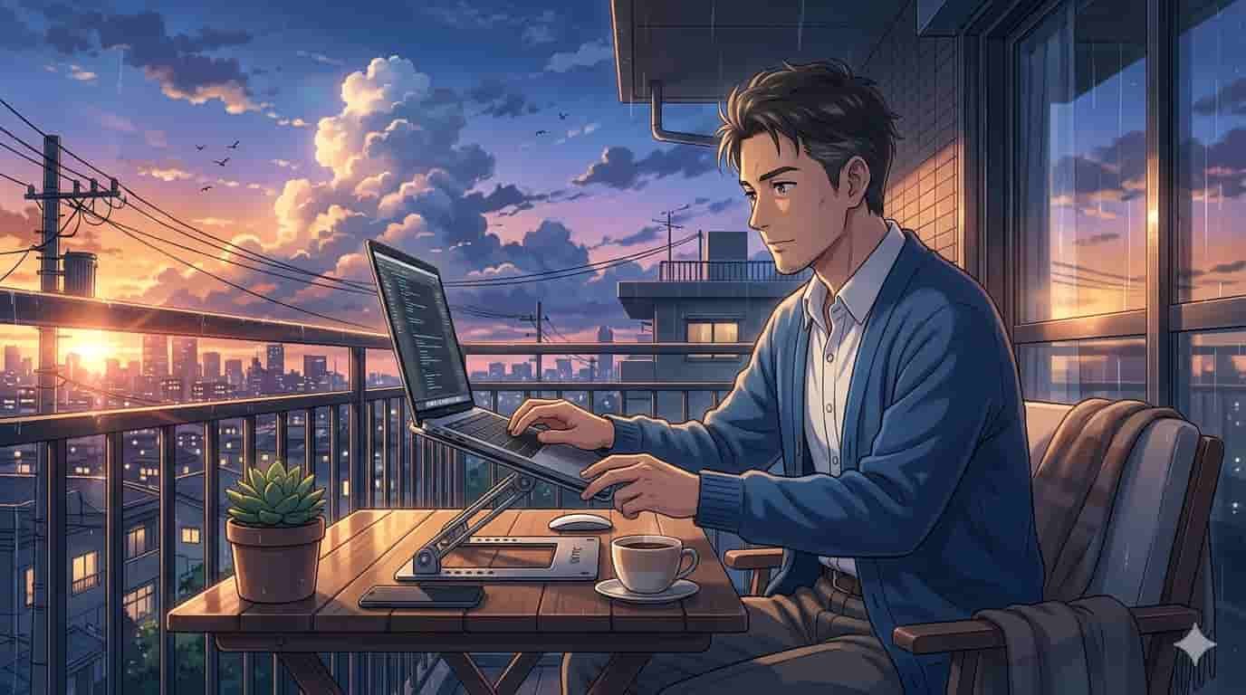 Suporte para notebook: ergonomia e resfriamento 2 Homem de 35 anos trabalhando com suporte para notebook ergonomia e resfriamento SKYTC em cenário estilo anime.