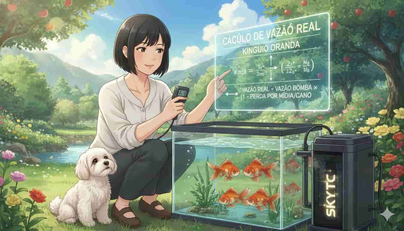 Como calcular a vazão real do canister para Kinguio Oranda 3 Mulher japonesa com maltipoo calculando vazão real de canister para aquário de Kinguio Oranda em ambiente natural, com "SKYTC" visível.