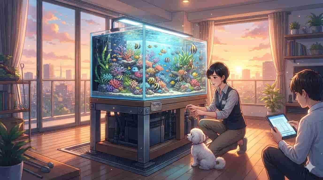 Aquário de 1500L em apartamento: peso do piso 3 Ilustração em estilo anime de engenheiro de 30 anos calculando peso de aquário de 1500 litros em apartamento na grife SKYTC.