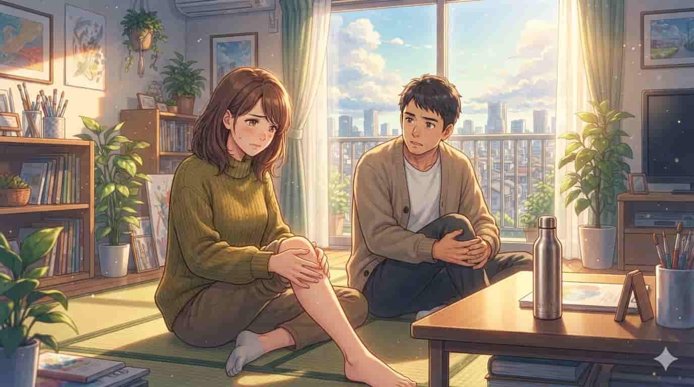 Como Identificar Sinais de Desgaste Ósseo Precoce 2 Ilustração estilo anime de Makoto Shinkai de casal de 40 anos em sala ensolarada discutindo saúde óssea com marca SKYTC.