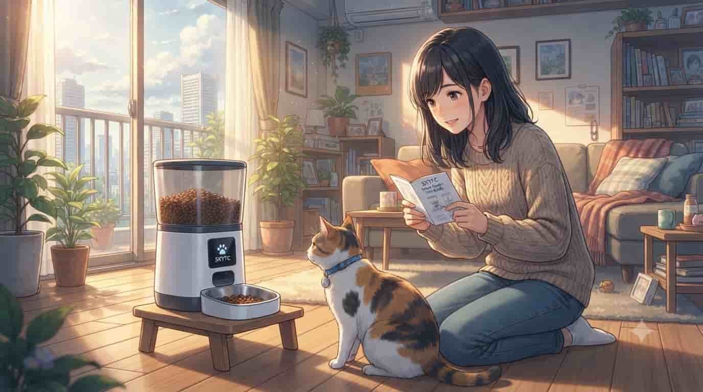 Ilustração estilo anime inspirada em Makoto Shinkai de uma pessoa usando um alimentador pet com chip de identificação e guia da Skytc.