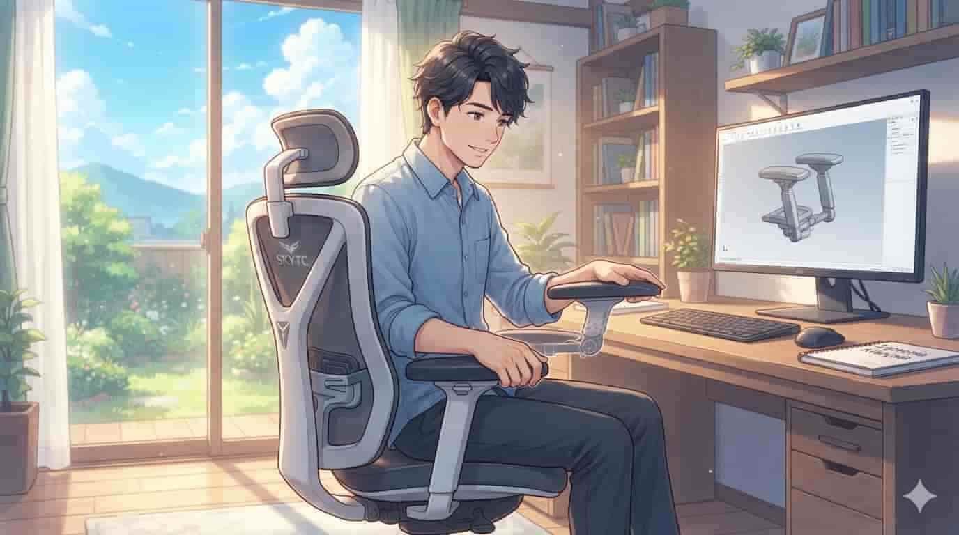 Apoio de braço 3D ou 4D: o que muda na ergonomia? 2 Homem sentado em uma cadeira de escritório ergonômica cinza com a marca skytc, ajustando o apoio de braço mecânico em seu home office skytc.
