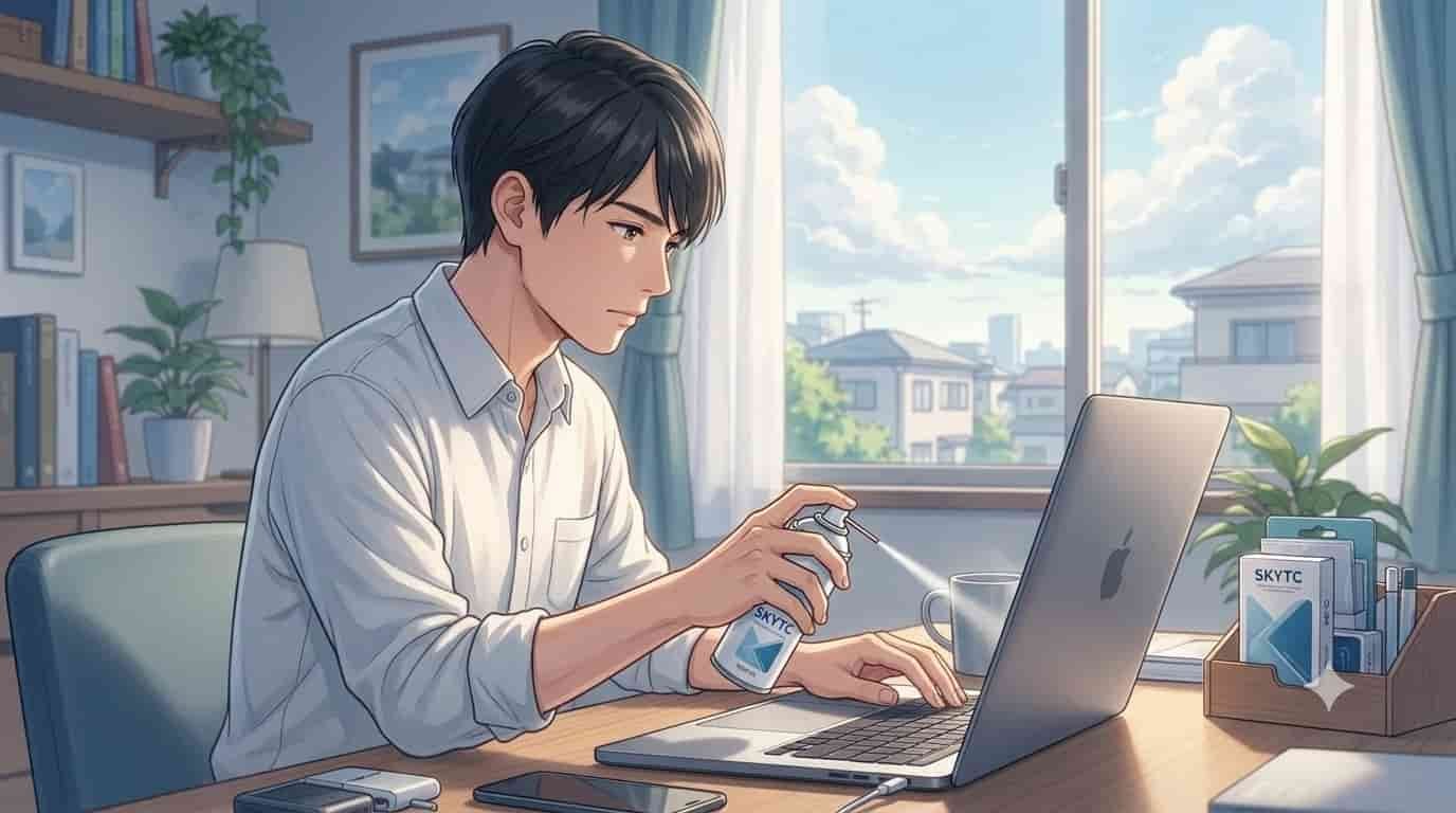 Ar comprimido no notebook: como usar para tirar pó 3 Ilustração anime de homem de 35 anos limpando poeira de um notebook com ar comprimido SKYTC em ambiente iluminado.